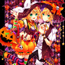 Rule 34 | 1boy, 1girl, belt, blonde hair, brother and sister, candy, chain, chocolate, crescent, food, green eyes, hair ornament, hairclip, halloween, hat, jack-o&#039;-lantern, kagamine len, kagamine rin, lollipop, midriff, nail polish, navel, open mouth, pumpkin, runako, siblings, skull, smile, star (symbol), striped clothes, striped thighhighs, thighhighs, twins, vocaloid, witch hat
