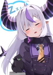 Rule 34 | 1girl, ahoge, ascot, black horns, braid, braided bangs, closed eyes, coat, collar, grey hair, highres, hololive, horns, la+ darknesss, la+ darknesss (1st costume), long hair, metal collar, multicolored hair, nicky0, open mouth, pointy ears, purple coat, purple hair, sleeping, solo, streaked hair, striped horns, virtual youtuber, yellow ascot, yellow eyes, zzz
