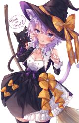 Rule 34 | 1girl, :q, animal ear fluff, animal ears, bare shoulders, black cat, black dress, black hat, blush, bow, breasts, broom, cat, cat ears, cat girl, cat tail, commentary, dress, hair between eyes, hand on own cheek, hand on own face, hat, hat bow, highres, hololive, long sleeves, medium breasts, nail polish, nekomata okayu, orange bow, purple eyes, purple hair, purple nails, shirt, simple background, solo, sorashima (117), symbol-only commentary, tail, tail raised, thighhighs, tongue, tongue out, trick or treat, virtual youtuber, white background, white shirt, witch hat