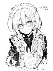 Rule 34 | 1girl, ahoge, apron, blush, bow, braid, closed mouth, cropped torso, dress, frilled apron, frills, glasses, greyscale, hair between eyes, hair over shoulder, idolmaster, idolmaster shiny colors, ikeuchi tanuma, kuwayama chiyuki, long hair, looking at viewer, monochrome, puffy sleeves, simple background, smile, solo, translation request, twin braids, upper body, white background
