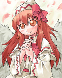 Rule 34 | 1girl, alternate hair color, bow, bowtie, brown eyes, brown hair, dress, female focus, hat, lily white, long hair, long sleeves, looking at viewer, lowres, nyagakiya, own hands clasped, own hands together, red bow, red bowtie, solo, tate eboshi, touhou, very long hair, white dress