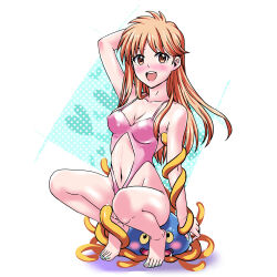 Rule 34 | 1girl, barefoot, breasts, brown eyes, clothing cutout, dragon quest, dragon quest dai no daibouken, drooling, feet, full body, long hair, looking at viewer, medium breasts, nail polish, navel, navel cutout, one-piece swimsuit, open mouth, orange eyes, pink one-piece swimsuit, princess leona, revealing swimsuit (dq), slime (dragon quest), slime (substance), smile, squatting, swimsuit, teeth, tentacles, tiptoes, toenail polish, toenails, toes, touya (msdonuts18), upper teeth only