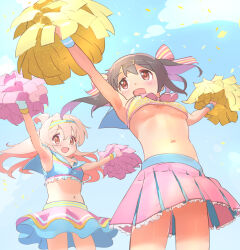 Rule 34 | 2girls, :d, ahoge, alternate costume, arm up, armpits, black hair, blue sky, breasts, brown eyes, cheerleader, cloud, colored inner hair, commentary, confetti, cowboy shot, crop top, day, genderswap, genderswap (mtf), gloves, hair between eyes, hair ornament, hair ribbon, hairband, hairclip, holding, holding pom poms, jacket, kyarahiba, long hair, medium breasts, miniskirt, multicolored hair, multiple girls, navel, onii-chan wa oshimai!, open clothes, open jacket, open mouth, outdoors, outstretched arms, oyama mahiro, oyama mihari, pink hair, pink skirt, pleated skirt, pom pom (cheerleading), pom poms, purple hair, ribbon, siblings, sisters, skirt, sky, sleeveless, small breasts, smile, standing, striped, striped ribbon, two-tone hair, underboob, wristband