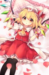 Rule 34 | 1girl, :o, ascot, bed sheet, black thighhighs, blonde hair, blush, breasts, buttons, clenched hands, commentary request, crystal, flandre scarlet, frilled ascot, frilled cuffs, frilled ribbon, frilled shirt collar, frilled skirt, frills, from above, hair between eyes, hat, hat ribbon, highres, looking at viewer, lying, mob cap, multicolored wings, on back, on bed, one side up, open mouth, orange eyes, petals, pillow, polka dot, polka dot pillow, puffy short sleeves, puffy sleeves, red ribbon, red skirt, red vest, ribbon, ruhika, shirt, short hair, short sleeves, skirt, skirt set, small breasts, solo, thighhighs, touhou, vest, white hat, white shirt, wings, wrist cuffs, yellow ascot, zettai ryouiki