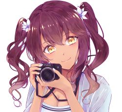 Rule 34 | 1girl, alternate costume, bad id, bad twitter id, blue coat, blue nails, blush, breasts, camera, canon (company), cleavage, closed mouth, coat, dark-skinned female, dark skin, flower, girls&#039; frontline, hair between eyes, hair flower, hair ornament, hair tie, head tilt, holding, holding camera, large breasts, long hair, looking at viewer, nail polish, open clothes, open coat, purple hair, saiga-12 (girls&#039; frontline), shirt, sidelocks, simple background, solo, white background, white nails, white shirt, yellow eyes, yuizayomiya