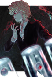 Rule 34 | 1boy, blonde hair, chain, closed mouth, dutch angle, eyeball, feet out of frame, formal, from side, highres, hunter x hunter, kurapika, long sleeves, male focus, red eyes, shirt, short hair, solo, suit, tomaton (t 0), white shirt