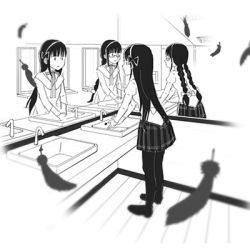 Rule 34 | 4girls, akemi homura, bathroom, black feathers, black hair, black legwear, black skirt, black theme, braid, capelet, closed mouth, different reflection, expressionless, facing away, faucet, feathers, floor, glasses, greyscale, hair ribbon, hairband, himi (2051350), indoors, juliet sleeves, limited palette, long hair, long sleeves, lowres, mahou shoujo madoka magica, mahou shoujo madoka magica (anime), mirror, mitakihara school uniform, monochrome, multiple girls, multiple persona, neck ribbon, no nose, outstretched arms, pantyhose, plaid, plaid skirt, pleated skirt, puffy sleeves, reflection, ribbon, school uniform, semi-rimless eyewear, sink, skirt, solid oval eyes, symbolism, twin braids, under-rim eyewear, ventilation shaft, vignetting, wall, washing hands, wide-eyed, wooden floor