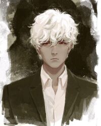 Rule 34 | 1boy, black background, black jacket, brown eyes, closed mouth, dr. frost, frost (dr. frost), jacket, long hair, looking at viewer, serious, shirt, solo, webtoon, white background, white hair, white shirt