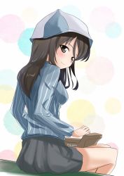 Rule 34 | 1girl, abimaru gup, absurdres, blue hat, blue shirt, brown eyes, brown hair, closed mouth, commentary, from behind, girls und panzer, grey skirt, hat, highres, holding, holding instrument, instrument, kantele, keizoku school uniform, long hair, long sleeves, looking at viewer, looking back, mika (girls und panzer), miniskirt, music, playing instrument, pleated skirt, polka dot, polka dot background, school uniform, shirt, sitting, skirt, smile, solo, striped clothes, striped shirt, tulip hat, twitter username, vertical-striped clothes, vertical-striped shirt