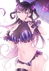 Rule 34 | 1girl, bikini, blush, breasts, brown hair, collarbone, cone hair bun, cowboy shot, cpqm, detached sleeves, double bun, fate/grand order, fate (series), frilled bikini, frills, groin, hair between eyes, hair bun, hair ornament, twirling hair, halterneck, hand up, highres, holding, holding umbrella, large breasts, long hair, looking at viewer, murasaki shikibu (fate), navel, open mouth, puffy short sleeves, puffy sleeves, purple bikini, purple eyes, short sleeves, solo, stomach, swimsuit, thighhighs, two side up, umbrella, very long hair