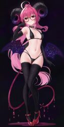 Rule 34 | 1girl, :3, absurdres, ahoge, bikini, black-framed eyewear, black bikini, black choker, black gloves, black thighhighs, blush, breasts, choker, closed mouth, demon girl, demon horns, demon tail, demon wings, elbow gloves, full body, glasses, gloves, high heels, highres, horns, indie virtual youtuber, kurumi huyu, looking at viewer, navel, pink hair, purple tail, red eyes, red footwear, small breasts, smile, solo, standing, swimsuit, tail, tansui san (tcjp4784), thighhighs, virtual youtuber, wings