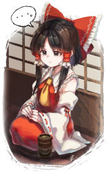 Rule 34 | ..., 1girl, ascot, bow, breasts, brown eyes, brown hair, closed mouth, cup, detached sleeves, frilled bow, frilled hair tubes, frilled shirt collar, frills, hair bow, hair tubes, hakurei reimu, hands on lap, highres, indoors, looking down, matsukuzu, medium hair, no shoes, red bow, red ribbon, red shirt, red skirt, ribbon, ribbon-trimmed sleeves, ribbon trim, shirt, sitting, skirt, sleeve ribbon, sleeveless, sleeveless shirt, small breasts, solo, spoken ellipsis, teacup, touhou, white legwear, wide sleeves, yellow ascot