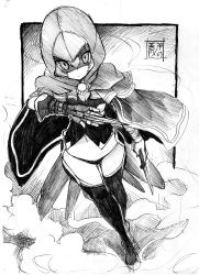Rule 34 | 1girl, absurdres, assassin&#039;s creed, assassin&#039;s creed (series), bikini, bikini bottom only, boots, cloak, eudetenis, fate/apocrypha, fate (series), graphite (medium), greyscale, concealed weapon, hidden blade (assassin&#039;s creed), highres, jack the ripper (fate/apocrypha), knife, monochrome, short hair, solo, swimsuit, thigh boots, thighhighs, traditional media, weapon