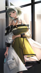 Rule 34 | 1girl, absurdres, animal ears, arknights, asymmetrical sleeves, bare shoulders, black choker, blush, cat ears, cat girl, choker, coat, detached collar, dress, expressionless, green dress, green eyes, green hair, hand on own stomach, head tilt, highres, holding, holding syringe, indoors, infection monitor (arknights), kal&#039;tsit (arknights), lab coat, material growth, medium hair, off-shoulder coat, off shoulder, oripathy lesion (arknights), parted lips, rin mori mori, see-through, solo, syringe, white coat