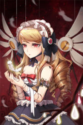 Rule 34 | 1girl, bandages, bonnet, bow, brown hair, dress, drill hair, feathers, female focus, frills, gradient background, hairband, long hair, lowres, mechanical wings, red eyes, ribbon, scar, skirt, solo, stitches, sword girls, wings