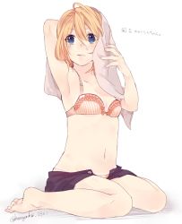 Rule 34 | 1girl, :s, after bathing, armpit peek, barefoot, blonde hair, blue eyes, bra, drying, kuronyanko, lace, lace-trimmed bra, lace trim, looking up, navel, open clothes, open pants, open shorts, pants, shorts, solo, towel, underwear, water drop