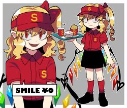 Rule 34 | 1girl, black footwear, black skirt, blonde hair, border, bow, burger, closed mouth, collared shirt, commentary request, cup, disposable cup, employee uniform, english text, fangs, flandre scarlet, food, french fries, full body, furukawa (yomawari), grey background, hair between eyes, highres, holding, holding tray, laevatein (touhou), looking at viewer, multicolored wings, multiple views, nail polish, one side up, open mouth, outline, pointy ears, red bow, red eyes, red nails, red shirt, red socks, shirt, short sleeves, simple background, skirt, smile, socks, speech bubble, standing, touhou, tray, visor cap, white border, white outline, wings, yen sign