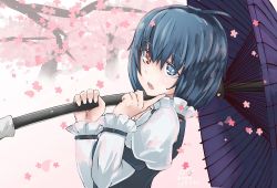 Rule 34 | 1girl, ahoge, arm garter, b.d, black vest, blue eyes, blue hair, blush, cherry blossoms, female focus, frills, from side, heterochromia, high collar, highres, holding, holding umbrella, index finger raised, juliet sleeves, karakasa obake, long sleeves, looking at viewer, looking to the side, oil-paper umbrella, open mouth, petals, puffy sleeves, red eyes, short hair, signature, solo, straight hair, tatara kogasa, touhou, tree, umbrella, upper body, vest