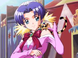 Rule 34 | 1girl, animal, animal on shoulder, banner, bare shoulders, blue eyes, blue sky, bow, bowtie, brooch, closed mouth, clothed animal, day, dress, earrings, flower earrings, frilled hairband, frills, gem, hairband, jewelry, kokura masashi, konami, long sleeves, looking at viewer, monkey, nozaki sumire, off-shoulder dress, off shoulder, official art, parted bangs, pink dress, purple hair, red bow, red bowtie, short hair, sky, smile, sun symbol, tokimeki memorial, tokimeki memorial 2, upper body, white hairband