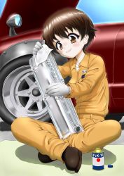 Rule 34 | 10s, 1girl, bad id, bad twitter id, black footwear, brown eyes, brown hair, can, car, closed mouth, commentary, daxz240r, full body, girls und panzer, gloves, highres, indian style, jumpsuit, long sleeves, mechanic, motor vehicle, nakajima (girls und panzer), nissan, nissan fairlady z, orange jumpsuit, polishing, rag, shirt, shoes, short hair, sitting, smile, solo, sparkle, uniform, white gloves, white shirt