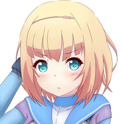 Rule 34 | 10s, 1girl, absurdres, blonde hair, blue eyes, blush, eyebrows, hairband, heavy object, highres, looking at viewer, milinda brantini, pout, short hair, simple background, solo, white background, yasai yuuki