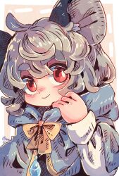 Rule 34 | 1girl, ahoge, animal ears, blue capelet, blush, bow, bowtie, capelet, closed mouth, commentary request, crystal, grey hair, highres, jewelry, looking at viewer, mame komari, messy hair, mouse ears, mouse girl, nazrin, pendant, red eyes, short hair, smile, solo, touhou, upper body, yellow bow, yellow bowtie