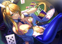 Rule 34 | 1girl, animal ears, artoria pendragon (all), artoria pendragon (fate), artoria pendragon (swimsuit ruler) (fate), between breasts, blonde hair, blue necktie, blue pantyhose, breasts, card, card between breasts, casino card table, closed mouth, clothing cutout, crossed legs, detached collar, fake animal ears, fate/grand order, fate (series), fishnet pantyhose, fishnets, from above, green eyes, hair between eyes, large breasts, leotard, long hair, looking at viewer, navel, necktie, pantyhose, playboy bunny, poker chip, ponytail, rabbit ears, short necktie, sitting, sitting on table, smile, solo, stomach cutout, table, unowen, white leotard, wrist cuffs