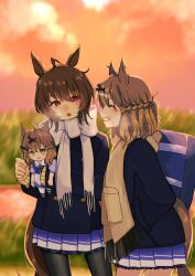 2girls agnes_tachyon_(umamusume) ahoge animal_ears bag black_pantyhose blurry blurry_background blush breath brown_hair brown_tail buttons closed_eyes clothing_request cloud commentary_request cowboy_shot double-breasted grass hair_between_eyes hair_ornament hairclip half_up_braid hand_in_pocket highres holding holding_stuffed_toy horse_ears horse_girl horse_tail jungle_pocket_(umamusume) long_sleeves medium_hair multiple_girls notched_ear open_mouth pantyhose pleated_skirt purple_bag purple_skirt red_eyes scarf school_bag skirt smile stuffed_toy tail teru_(t_nano) umamusume white_scarf yellow_scarf