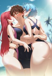 Rule 34 | 1boy, 2girls, ass, back, blue hair, blush, breasts, brown hair, competition swimsuit, large breasts, long hair, multiple girls, naruse mio, nonaka yuki, one-piece swimsuit, pool, red hair, shinmai maou no testament, short hair, swimsuit, tamamoice, tongue, tongue out, toujou basara