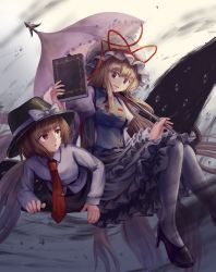 Rule 34 | 2girls, :o, bad id, bad pixiv id, belt, black footwear, blonde hair, book, brown eyes, brown hair, brown headwear, commentary, dress, english commentary, foot out of frame, frilled skirt, frills, gap (touhou), gradient background, grey background, hat, hat ribbon, high heels, highres, holding, holding book, holding umbrella, juliet sleeves, knees together feet apart, long hair, long sleeves, looking at another, looking back, looking down, looking up, mob cap, multiple girls, necktie, ookashippo, pantyhose, parasol, parted lips, puffy sleeves, purple eyes, red neckwear, ribbon, shirt, short hair, sitting, skirt, tabard, tie clip, touhou, umbrella, untucked shirt, upper body, usami renko, very long hair, white dress, white headwear, white legwear, white shirt, yakumo yukari