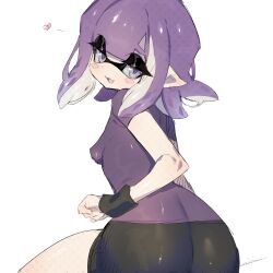 Rule 34 | 1girl, absurdres, ass, black shorts, blush stickers, breasts, female focus, from behind, heart, highres, inkling, inkling girl, inkling player character, looking at viewer, looking back, medium hair, nintendo, nitronic, open mouth, pointy ears, purple eyes, purple hair, purple shirt, shirt, short sleeves, shorts, simple background, sitting, small breasts, smile, solo, splatoon (series), t-shirt, tentacle hair, white background, wristband