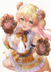 Rule 34 | 1girl, :d, animal ears, animal hands, bare shoulders, bear ears, blonde hair, blush, breasts, brown background, brown gloves, cleavage, commentary request, dress, fang, flower, gloves, green eyes, hair flower, hair ornament, hands up, heart, himonoata, hololive, long hair, looking at viewer, medium breasts, momosuzu nene, open mouth, paw gloves, pink hair, simple background, single thighhigh, sleeveless, sleeveless dress, smile, solo, thighhighs, two side up, very long hair, virtual youtuber, white flower, white thighhighs, yellow dress