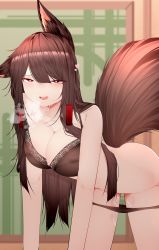 Rule 34 | 1girl, absurdres, akagi (azur lane), all fours, animal ears, azur lane, bare shoulders, breasts, brown hair, cleavage, collarbone, commentary, fox ears, fox girl, fox tail, hair tubes, heart, heart-shaped pupils, heavy breathing, highres, in heat, kitsune, kyuubi, large breasts, lingerie, long hair, multiple tails, narrowed eyes, open mouth, panties, panty pull, pussy juice, samip, sidelocks, smile, solo, straight hair, sweat, symbol-shaped pupils, tail, underwear, very long hair