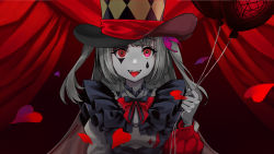 Rule 34 | 1girl, argyle, argyle clothes, argyle hat, asymmetrical sleeves, balloon, black ribbon, bow, bowtie, clown, colored skin, envy baby (vocaloid), grey skin, hand up, hat, heart, heart in eye, highres, hina misora, holding, holding balloon, long hair, long sleeves, looking at viewer, mismatched sleeves, neck ruff, puffy long sleeves, puffy sleeves, red bow, red curtains, red eyes, ribbon, ru roiroiro, sidelocks, solo, stage, stage curtains, symbol in eye, teardrop facial mark, teeth, tongue, tongue out, top hat, two side up, upper teeth only, virtual youtuber, vocaloid, wactor production