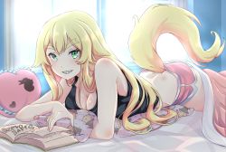 Rule 34 | 1girl, black shirt, blanket, blonde hair, book, breasts, cleavage, commentary request, crop top, frederica baumann, frilled pillow, frills, green eyes, grin, heart, heart-shaped pillow, highres, indoors, large breasts, long hair, looking at viewer, lying, midriff, on bed, on stomach, pillow, pink shorts, re:zero kara hajimeru isekai seikatsu, sharp teeth, shirt, shorts, smile, solo, spanish commentary, tail, teeth, thick eyebrows, twitter username, very long hair, zerobarto