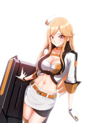 Rule 34 | 1girl, 4sm98, absurdres, black skirt, blonde hair, breasts, choker, commission, cropped jacket, girls&#039; frontline, gloves, highres, jacket, large breasts, long hair, m2hb (cheers on the blazing tarmac) (girls&#039; frontline), m2hb (girls&#039; frontline), midriff, miniskirt, multicolored clothes, multicolored gloves, multicolored skirt, navel, official alternate costume, orange choker, orange gloves, pixiv commission, race queen, red eyes, sidelocks, skirt, solo, weapon case, white gloves, white jacket, white skirt
