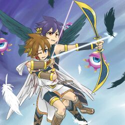 Rule 34 | 2boys, aiming, angel, angel wings, bike shorts, black hair, blood, blood on face, blue eyes, bow (weapon), brown hair, dark pit, feathers, holding, holding bow (weapon), holding weapon, injury, kid icarus, kid icarus uprising, laurel crown, male focus, mayoneco, monoeye, multiple boys, nintendo, one-eyed, one eye closed, pit (kid icarus), red eyes, tentacles, weapon, wings