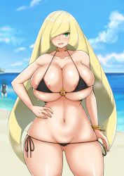 Rule 34 | absurdres, areola slip, bare shoulders, beach, bikini, black bikini, blonde hair, breasts, cleavage, cloud, covered erect nipples, creatures (company), curvy, game freak, green eyes, hair between eyes, hands up, highres, huge breasts, lana (pokemon), long hair, looking at viewer, lusamine (pokemon), mature female, nintendo, outdoors, outstretched arms, pokemon, pokemon sm, sand, sky, standing, swimsuit, wide hips, yamaori