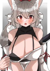 Rule 34 | 1girl, absurdres, animal ear fluff, animal ears, bad id, bad twitter id, bent over, black bra, blush, bra, breasts, cleavage, clothes pull, cowboy shot, detached sleeves, grey background, grey hair, hat, highres, huge breasts, inubashiri momiji, looking at viewer, open mouth, pom pom (clothes), pulled by self, red eyes, red hat, regua, ribbon-trimmed sleeves, ribbon trim, shirt pull, short hair, solo, standing, sword, sword behind back, tokin hat, touhou, underwear, weapon, wolf ears
