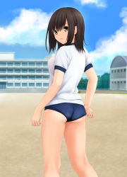 Rule 34 | 1girl, adjusting buruma, adjusting clothes, ass, blue buruma, blue sky, blurry, blurry background, blush, breasts, brown eyes, brown hair, building, buruma, closed mouth, cloud, cloudy sky, commentary request, day, depth of field, gym shirt, gym uniform, hair between eyes, highres, looking at viewer, looking back, nonaka ritsu, original, outdoors, puffy short sleeves, puffy sleeves, shirt, short sleeves, sidelocks, sky, small breasts, solo, standing, white shirt