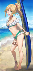 Rule 34 | 1girl, :d, beach, bikini, blonde hair, blue sky, breasts, cleavage, day, fate/apocrypha, fate (series), from side, gold necklace, green eyes, highres, holding, holding surfboard, jewelry, looking at viewer, mordred (fate), mordred (fate/apocrypha), navel, necklace, ocean, off-shoulder bikini, off shoulder, open mouth, outdoors, ponytail, sky, small breasts, smile, solo, stomach, surfboard, swimsuit, teeth, thighlet, thighs, tonee