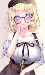 Rule 34 | 1girl, absurdres, blonde hair, blue eyes, blush, breasts, brown skirt, cleavage, closed mouth, earrings, glasses, grey background, hand on own chest, hand up, heart, heart earrings, highres, hololive, hololive english, jewelry, large breasts, looking at viewer, medium hair, mile (off8mile), off-shoulder shirt, off shoulder, round eyewear, shirt, simple background, skirt, solo, virtual youtuber, watson amelia, watson amelia (street casual), white shirt