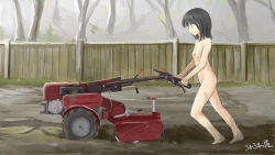 Rule 34 | 1girl, barefoot, black hair, blunt bangs, casual nudity, collarbone, completely nude, day, dirty, dirty feet, farming, fence, flat chest, from side, medium hair, nipples, nose, nude, original, outdoors, profile, roreru (rorerore-ya), signature, smile, solo, tree, two-wheel tractor