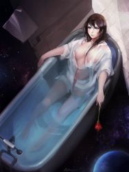 Rule 34 | 10s, 1girl, bathing, bathtub, flower, green eyes, hair down, holding, holding flower, lilaccu, looking at viewer, love live!, love live! school idol project, open clothes, open shirt, partially submerged, purple hair, red flower, red rose, rose, shirt, sitting, solo, tojo nozomi, wet, wet clothes