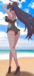Rule 34 | 1girl, absurdres, adjusting hair, alternate costume, armpits, arms behind head, ass, back, bare back, beach, black footwear, black hair, black one-piece swimsuit, blue archive, blue sky, blurry, breasts, cloud, cloudy sky, commentary request, dark-skinned female, dark skin, depth of field, from behind, full body, hair between eyes, hair ornament, hair scrunchie, halo, high heels, highres, horizon, karin (blue archive), large breasts, lone nape hair, long hair, majinmallow, nape, neck, ocean, official alternate hairstyle, one-piece swimsuit, outdoors, ponytail, scrunchie, shoulder blades, sideboob, sidelocks, sky, sleeveless, solo, spaghetti strap, swimsuit, walking, wind, yellow eyes
