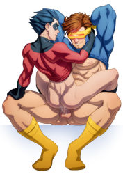 Rule 34 | 10s, 2boys, abs, age difference, aged up, anal, ass, bara, batman (series), blue hair, bottomless, brown hair, crossover, cyclops (x-men), dark blue hair, dc comics, happy sex, male focus, male penetrated, marvel, multiple boys, muscular, pectorals, penis, red robin, sex, short hair, smile, socks, szadek, tagme, testicles, tim drake, uncensored, white background, x-men, yaoi