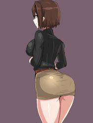 Rule 34 | 10s, 1girl, ass, bad id, bad pixiv id, belt, blush, breasts, brown eyes, brown hair, hyuuga (kancolle), kantai collection, large breasts, miniskirt, pantylines, pencil skirt, ribbed sweater, short hair, simple background, skirt, smile, solo, striped, sweater, turtleneck, ulrich (tagaragakuin), vertical stripes