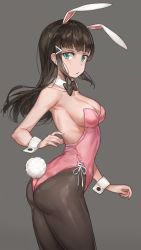 Rule 34 | 10s, 1girl, absurdres, animal ears, ass, backless outfit, bare shoulders, black hair, blunt bangs, blush, bow, bowtie, breasts, cleavage, cowboy shot, detached collar, fake animal ears, free style (yohan1754), from behind, green eyes, hair ornament, highres, kurosawa dia, leotard, long hair, looking at viewer, looking back, love live!, love live! sunshine!!, mole, mole under mouth, pantyhose, playboy bunny, rabbit ears, rabbit tail, sideboob, simple background, solo, standing, tail, twisted torso, wrist cuffs