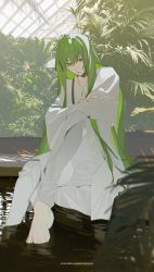 Rule 34 | 1other, androgynous, barefoot, closed mouth, enkidu (fate), expressionless, fate/extra, fate/extra ccc, fate/grand order, fate/strange fake, fate/zero, fate (series), green eyes, green hair, highres, k00s, light green hair, long hair, long sleeves, looking at viewer, no shoes, pants, robe, sitting, solo, toga, very long hair, white pants, white robe