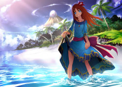 Rule 34 | 1girl, artist request, beach, blue dress, blue eyes, blue sky, clothes lift, cloud, cloudy sky, day, dress, dress lift, egg, flower, hair flower, hair ornament, hibiscus, jewelry, light rays, long dress, long hair, marin (zelda), md5 mismatch, necklace, nintendo, ocean, orange hair, outdoors, palm tree, parted lips, pendant, red hair, sash, skirt, skirt hold, skirt lift, sky, smile, soaking feet, solo, source request, standing, sunbeam, sunlight, the legend of zelda, the legend of zelda: link&#039;s awakening, tree, wading, water, waves